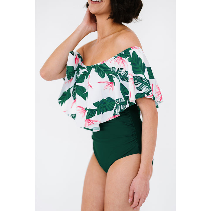 Women's Green Printed Off Shoulder Flounce Overlay One-piece Swimwear Image 3