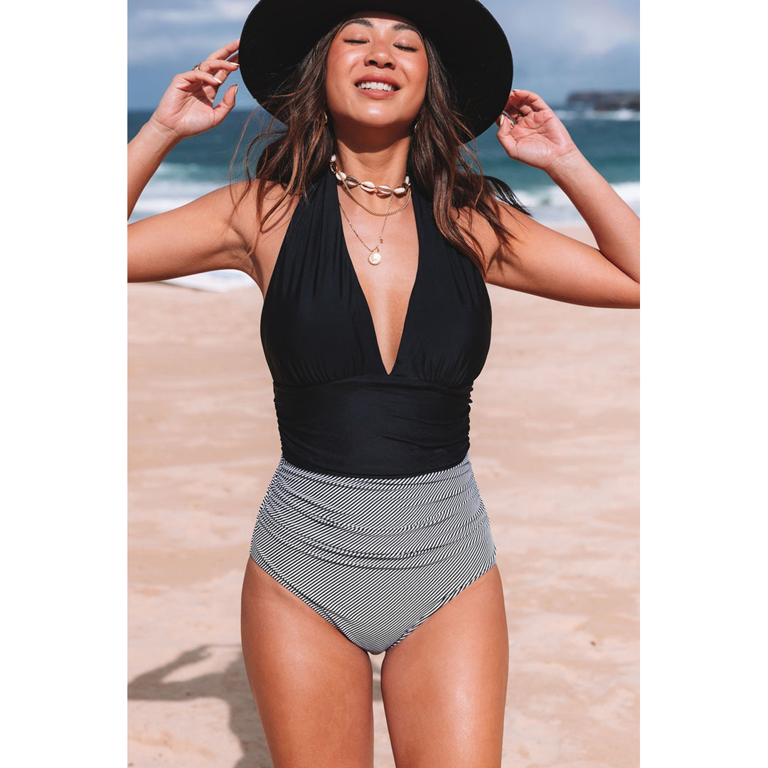 Women's Black Halter Neck Retro Stripe Cute One-piece Swimsuit Image 3