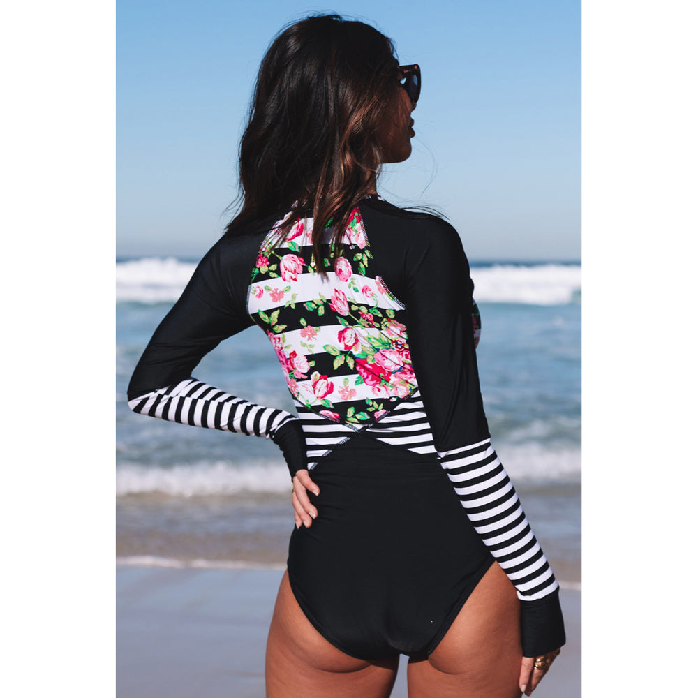 Womens Floral Striped Patchwork Rashguard One-piece Swimsuit Image 2