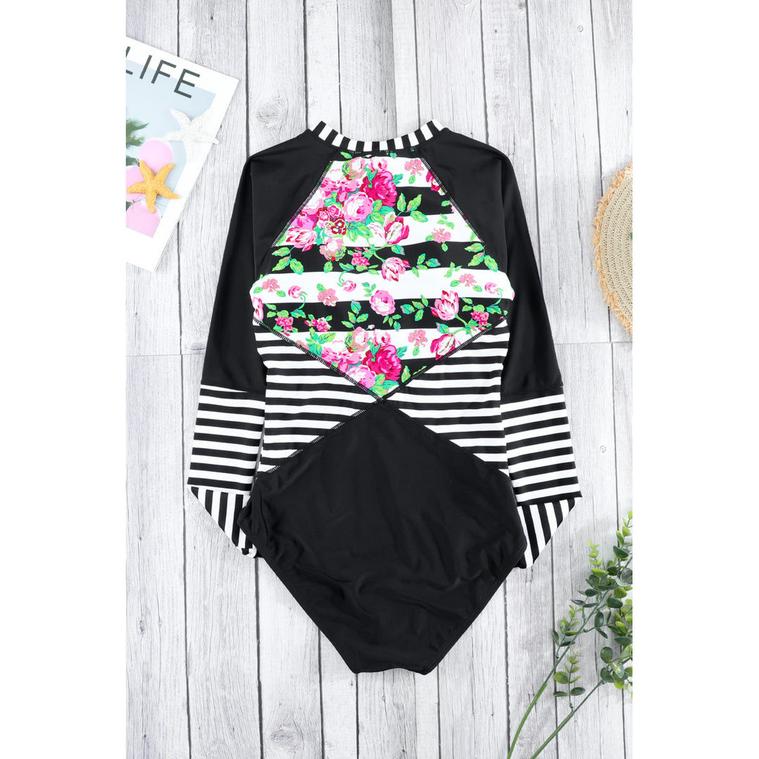 Womens Floral Striped Patchwork Rashguard One-piece Swimsuit Image 10