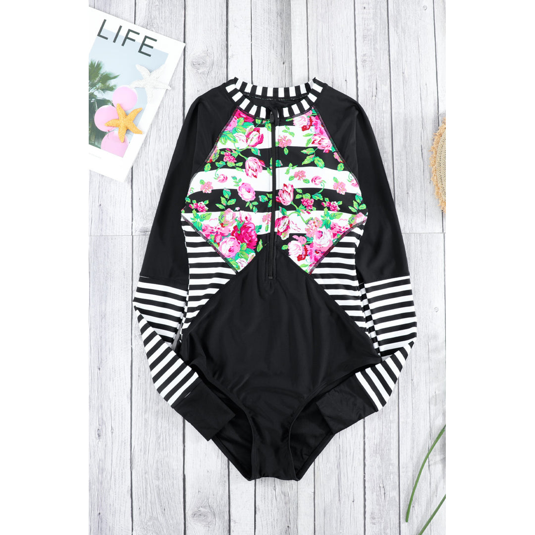 Womens Floral Striped Patchwork Rashguard One-piece Swimsuit Image 11