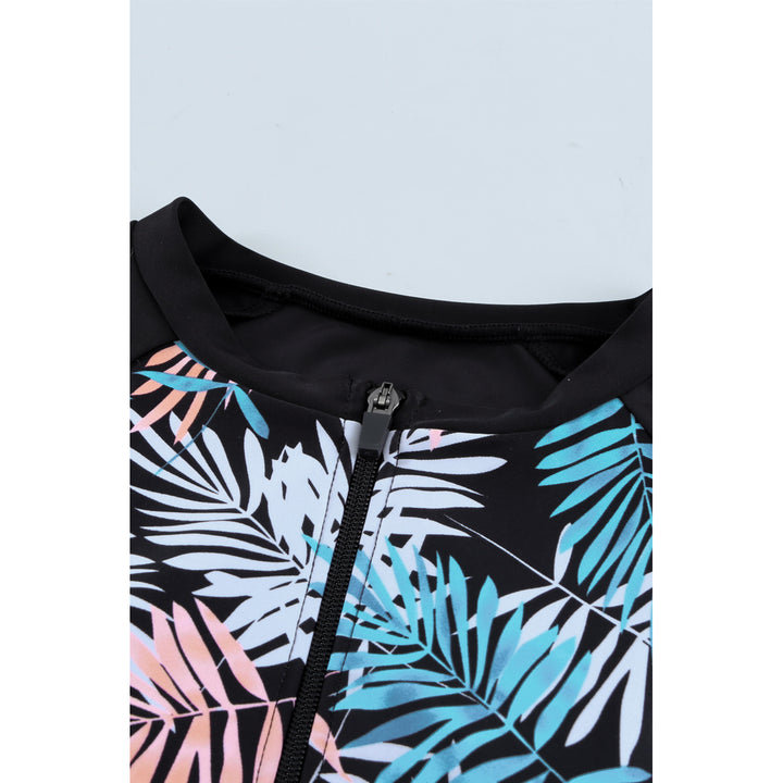 Womens Sky Blue Leaves Print Zip-up Long Sleeve Surf Rash Guard Swimwear Image 3