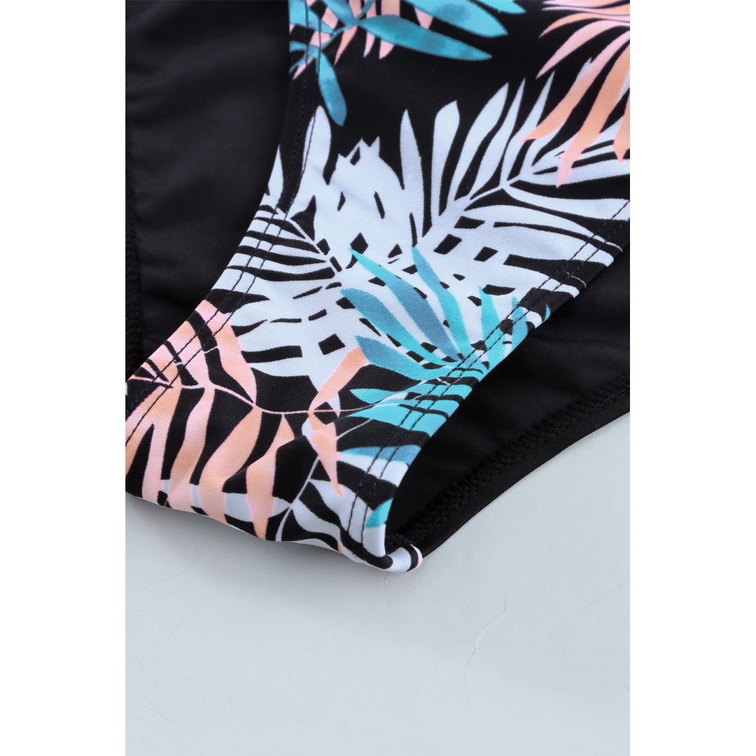 Womens Sky Blue Leaves Print Zip-up Long Sleeve Surf Rash Guard Swimwear Image 6