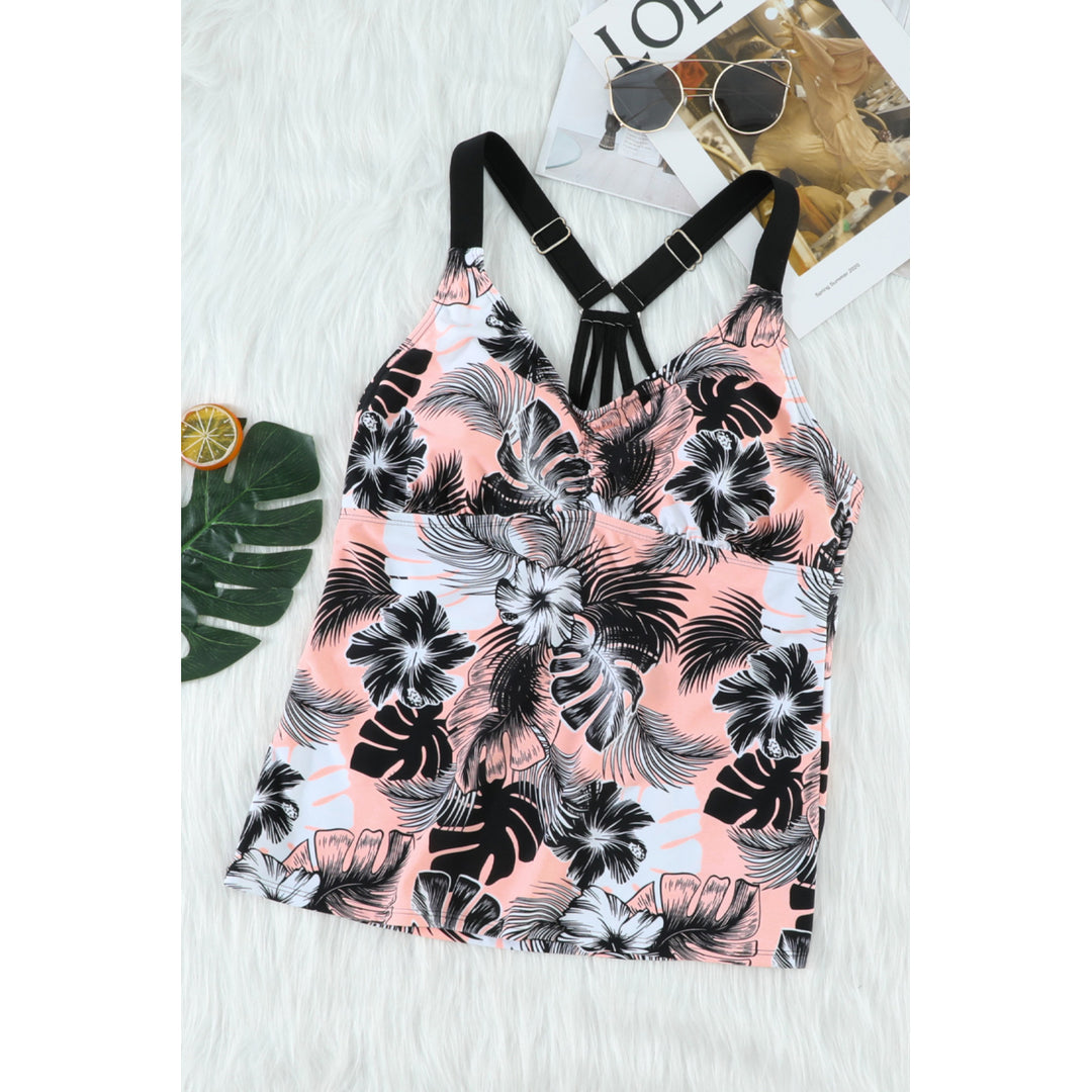 Womens Pink Floral Printed Strappy Racerback Tankini Swim Top Image 9