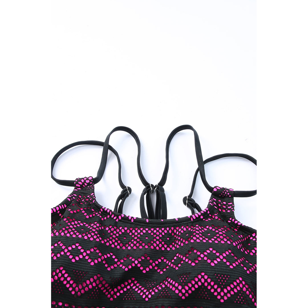 Women's Rose Color Block Lace Drawstring Tie Tankini Set Image 3
