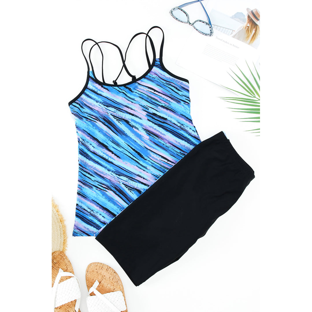 Womens Sky Blue Abstract Print Criss Cross Strappy Two-piece Tankini Image 11