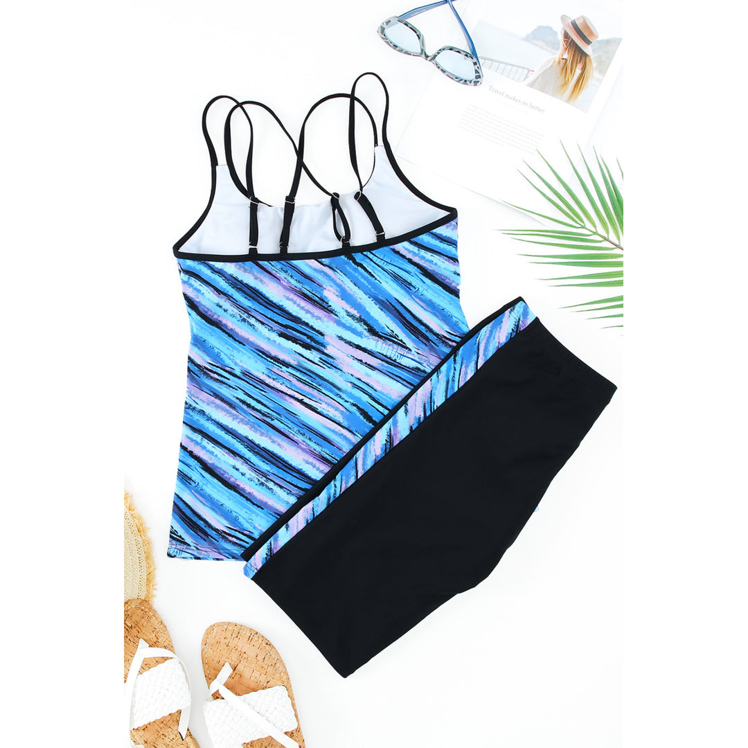 Womens Sky Blue Abstract Print Criss Cross Strappy Two-piece Tankini Image 12
