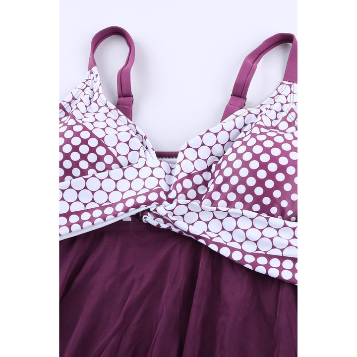 Womens Purple Retro Polka Dot Print Handkerchief Hem Tankini Set Image 3
