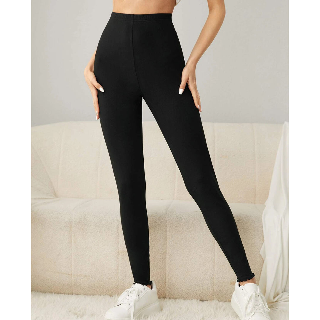 Solid High Waist Lettuce Trim Leggings Image 2