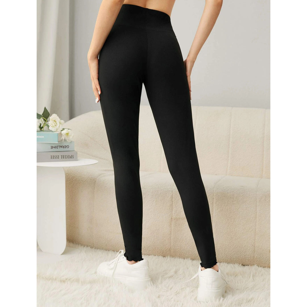 Solid High Waist Lettuce Trim Leggings Image 3