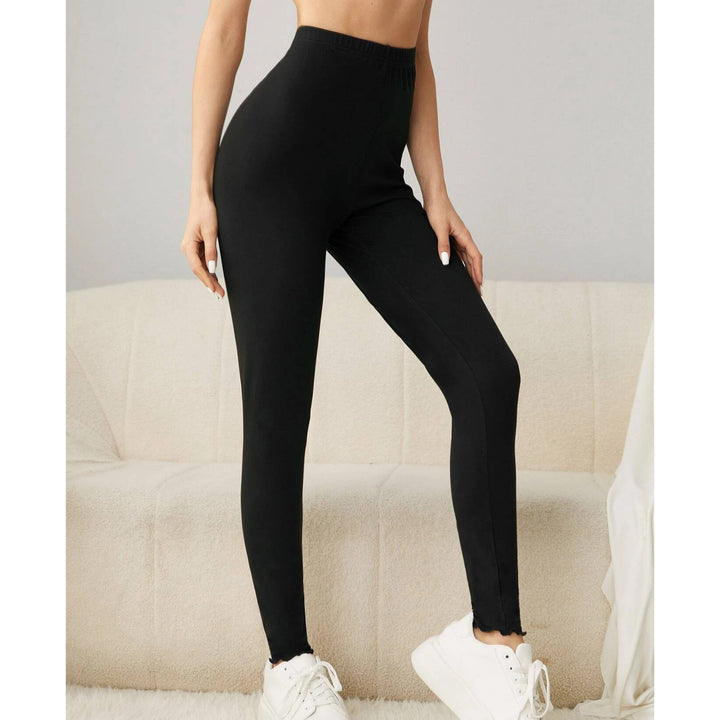 Solid High Waist Lettuce Trim Leggings Image 4