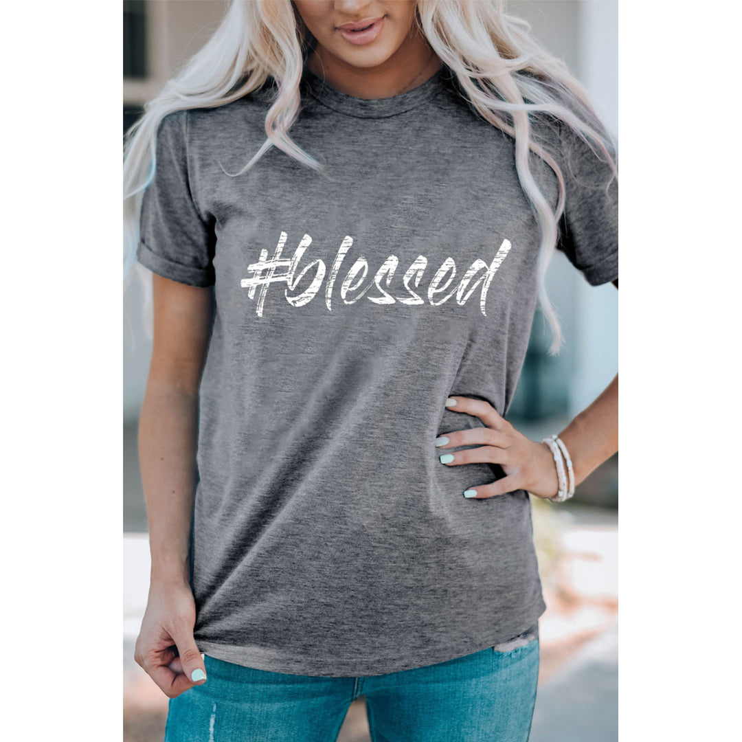 Womens Gray Blessed Letter Print Short Sleeve T Shirt Image 1
