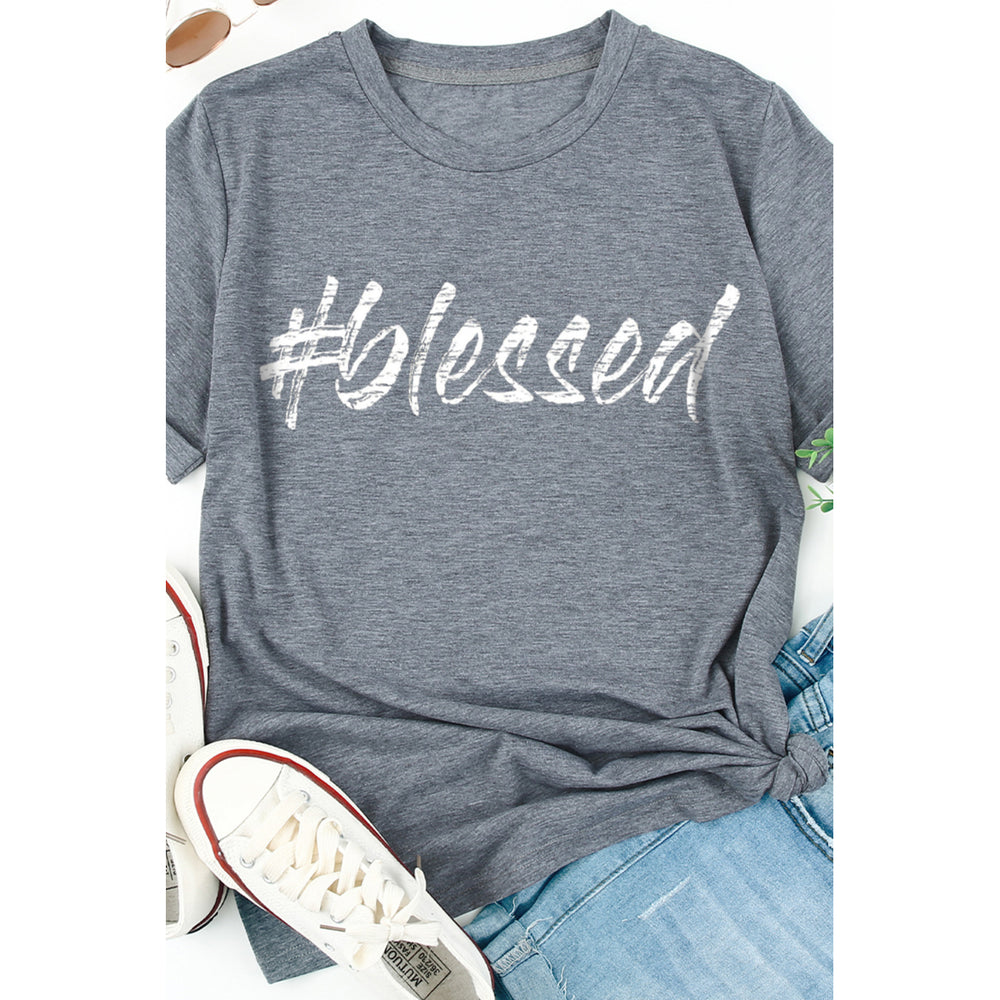 Womens Gray Blessed Letter Print Short Sleeve T Shirt Image 2