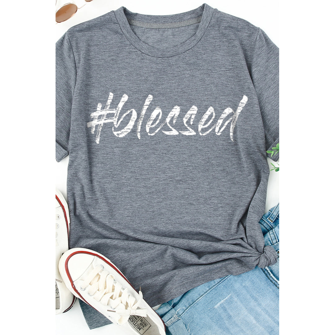 Womens Gray Blessed Letter Print Short Sleeve T Shirt Image 2