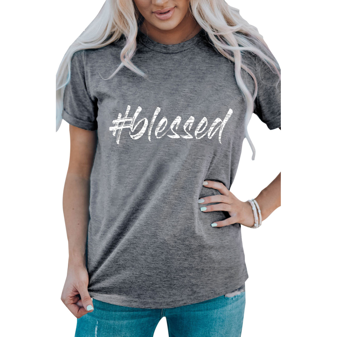 Womens Gray Blessed Letter Print Short Sleeve T Shirt Image 3