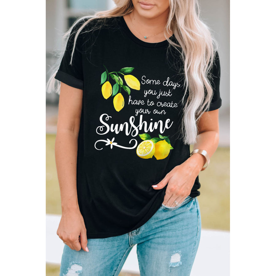 Womens Black Sunshine Letter Lemon Graphic Print Short Sleeve T Shirt Image 1