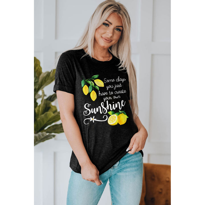 Womens Black Sunshine Letter Lemon Graphic Print Short Sleeve T Shirt Image 2