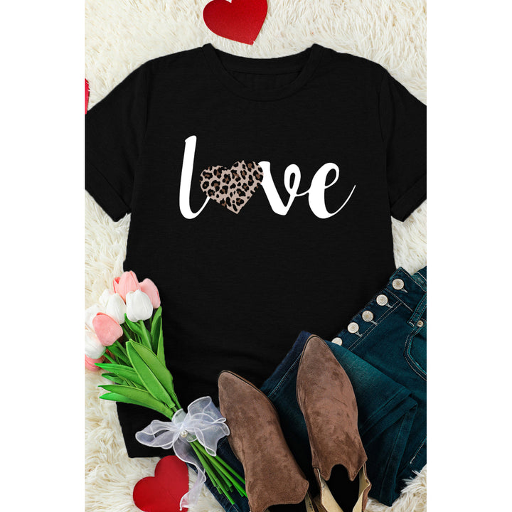 Womens Black Love Leopard Heart Shape Print Short Sleeve T Shirt Image 1