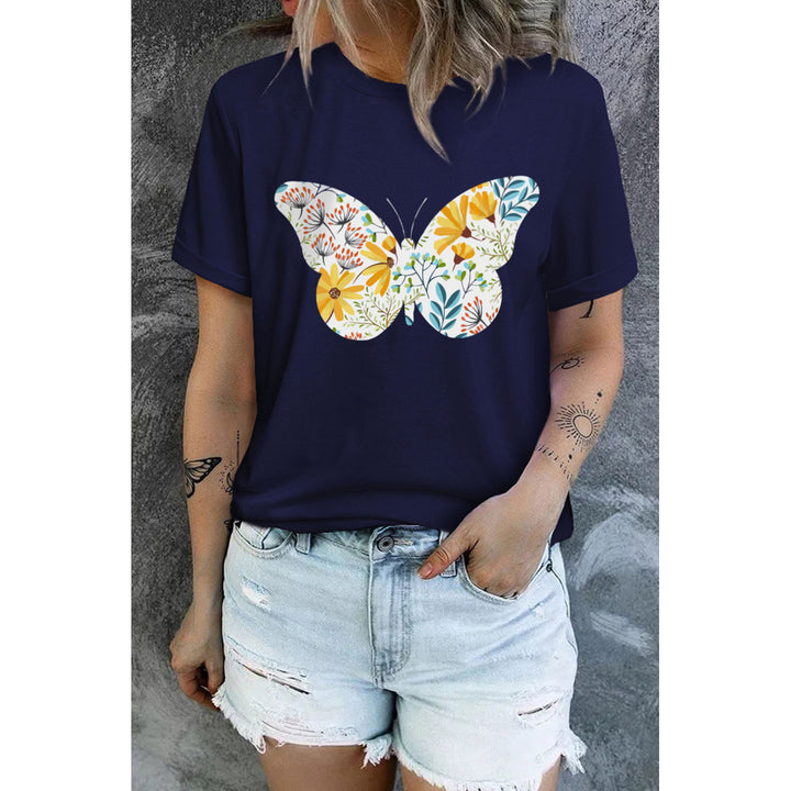 Women's Blue Floral Butterfly Graphic Print Crew Neck T Shirt Image 1