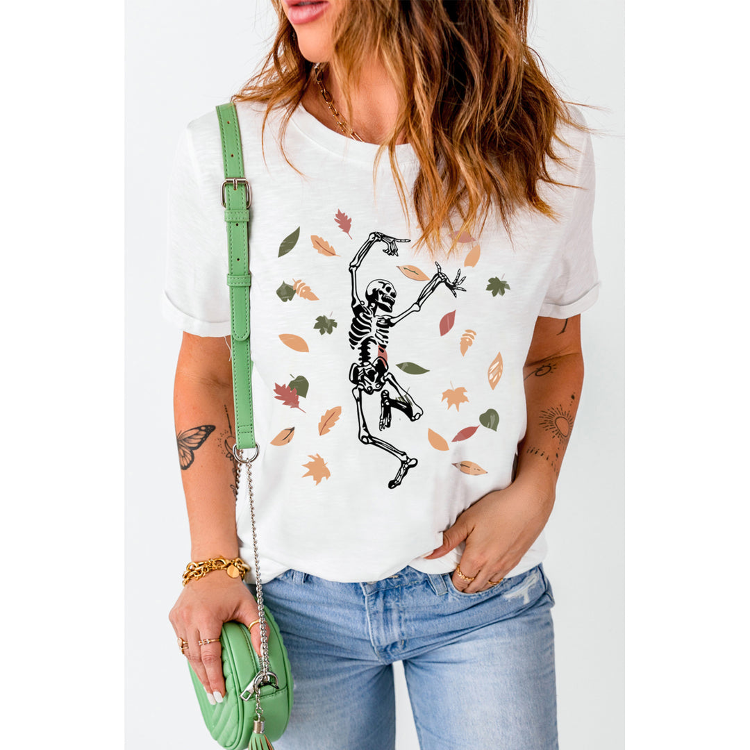 Womens White Skeleton Skull Fall T-Shirts Image 4