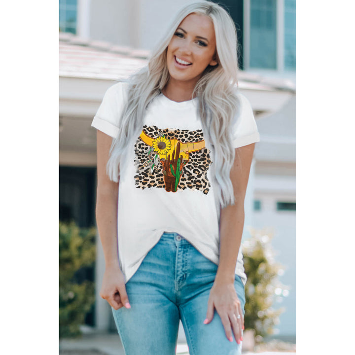 Womens White Western Cow Print Graphic Tee Image 1