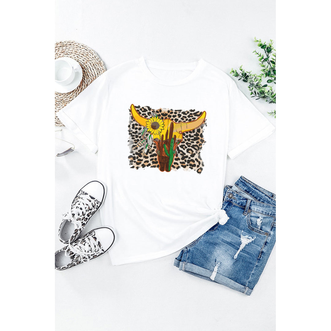 Womens White Western Cow Print Graphic Tee Image 2