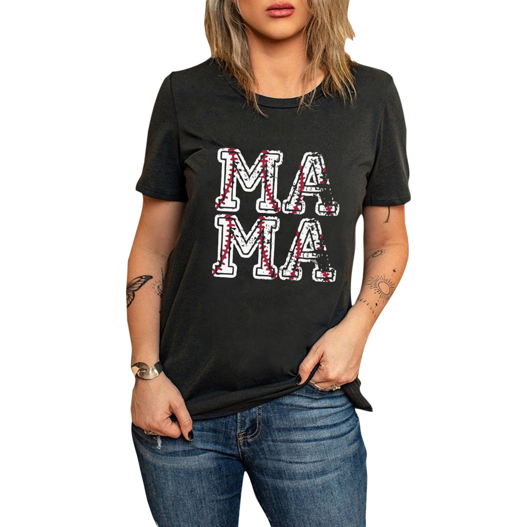 Womens Black Baseball MAMA Print Solid T Shirt Image 3