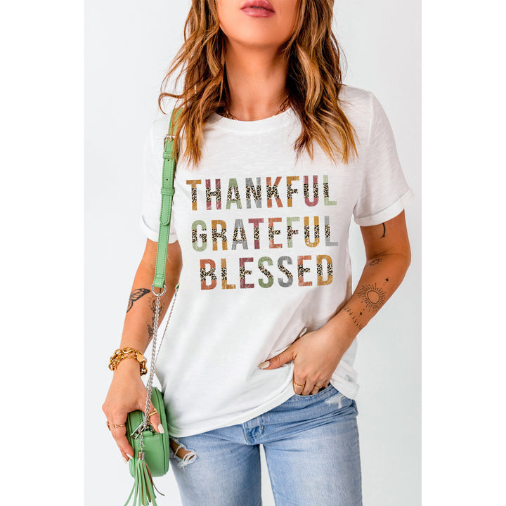 Women's White Leopard Patchwork Thankful Grateful Blessed Graphic T Shirt Image 1