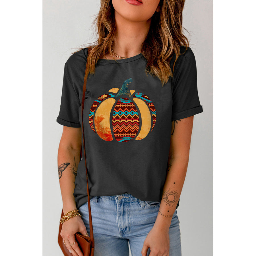 Womens Black Tribal Fun Pumpkin Graphic Print Casual T Shirt Image 1