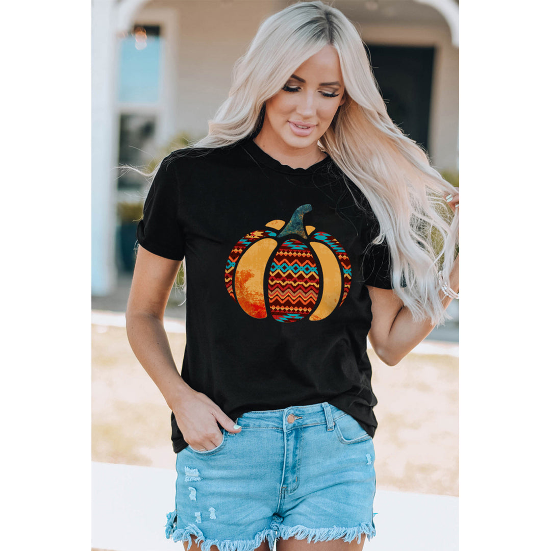 Womens Black Tribal Fun Pumpkin Graphic Print Casual T Shirt Image 2