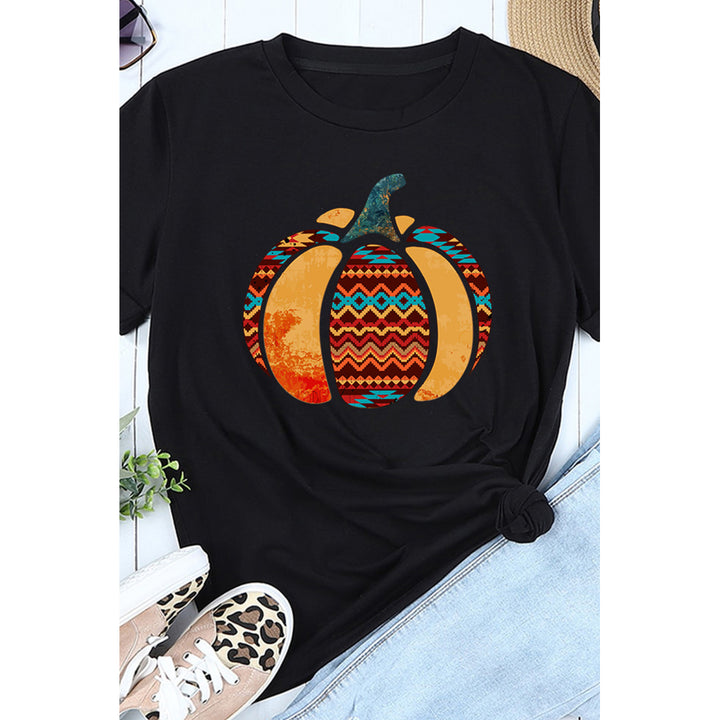 Womens Black Tribal Fun Pumpkin Graphic Print Casual T Shirt Image 3