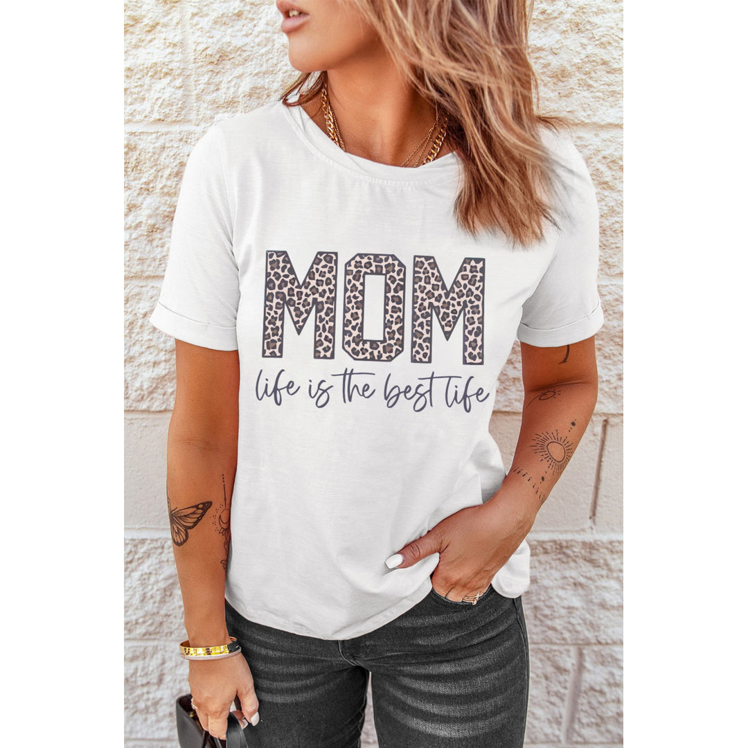 Womens White MOM life is the best life Leopard Print Graphic T Shirt Image 1