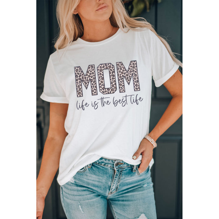 Womens White MOM life is the best life Leopard Print Graphic T Shirt Image 3
