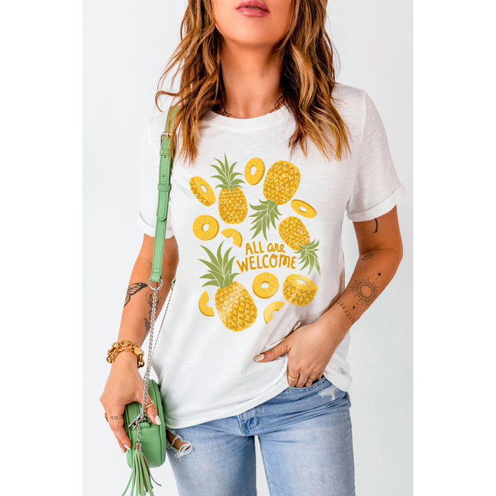 Womens White ALL Are WELCOME Pineapple Print Graphic T Shirt Image 1