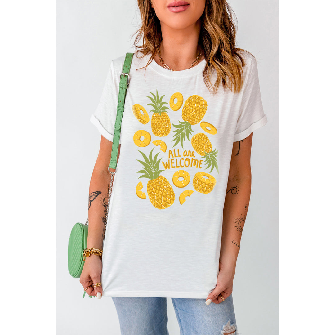 Womens White ALL Are WELCOME Pineapple Print Graphic T Shirt Image 3