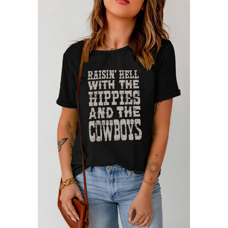 Womens Black Hippies And The Cowboys Graphic Tee Image 1