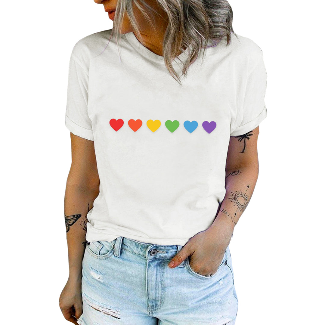 Women's White Rainbow Color Heart Shapes Print Short Sleeve T Shirt Image 1