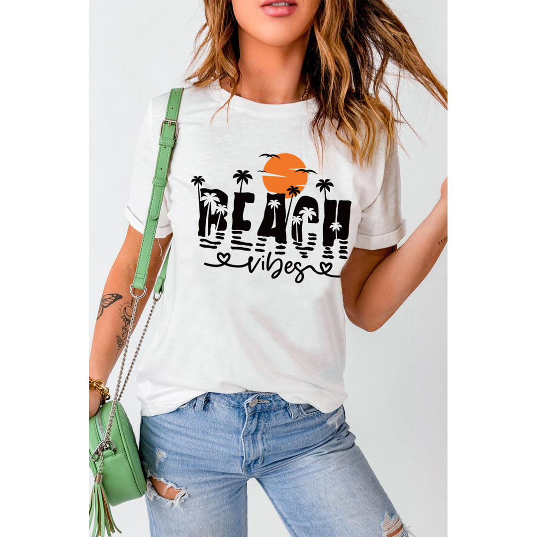 Women's White BEACH Vibes Plant Graphic Print Short Sleeve T Shirt Image 1