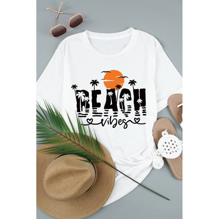 Women's White BEACH Vibes Plant Graphic Print Short Sleeve T Shirt Image 2