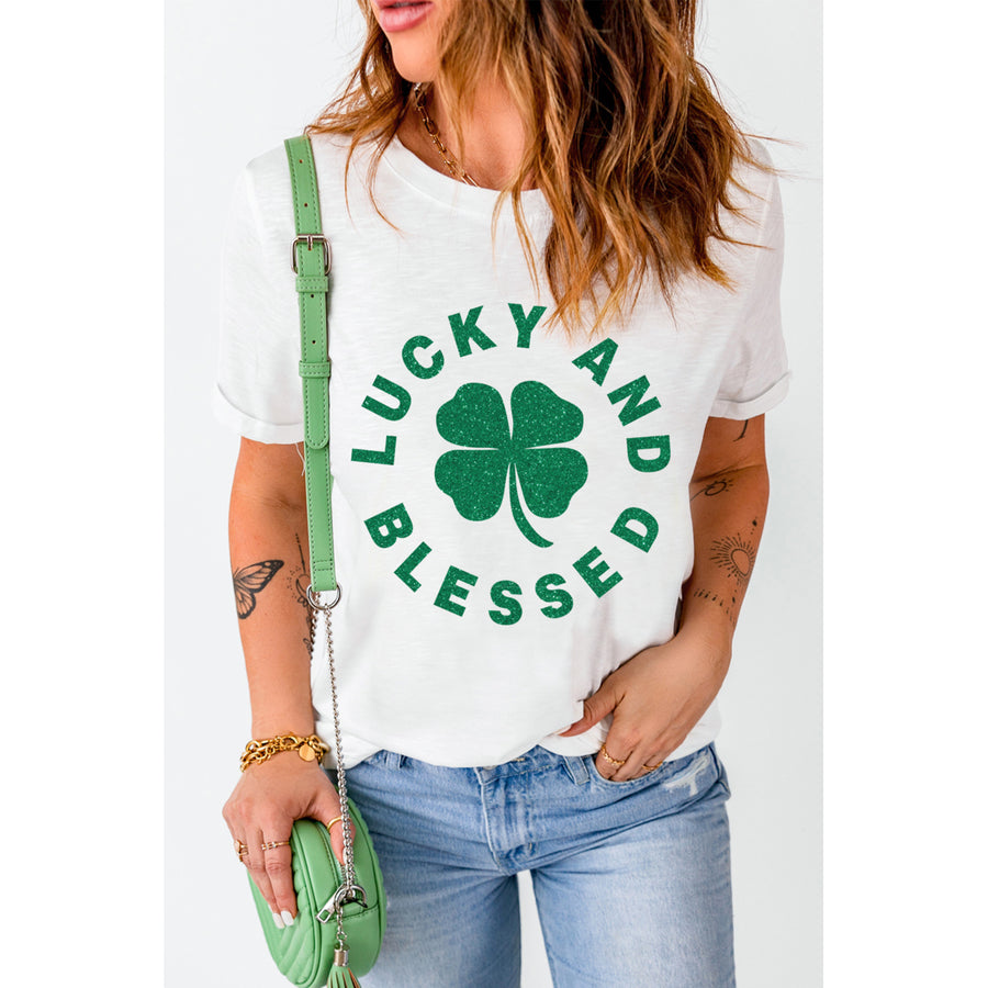 Womens White LUCKY AND BLESSED Glitter Clover Print T Shirt Image 1