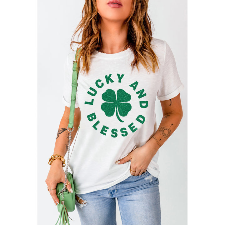 Womens White LUCKY AND BLESSED Glitter Clover Print T Shirt Image 2