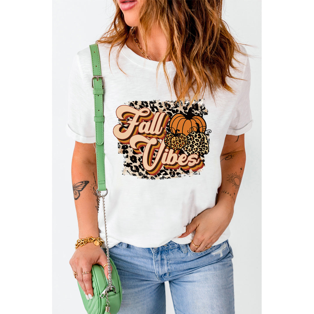 Women's White Fall Vibes Pumkin Leopard Graphic Tee Image 1