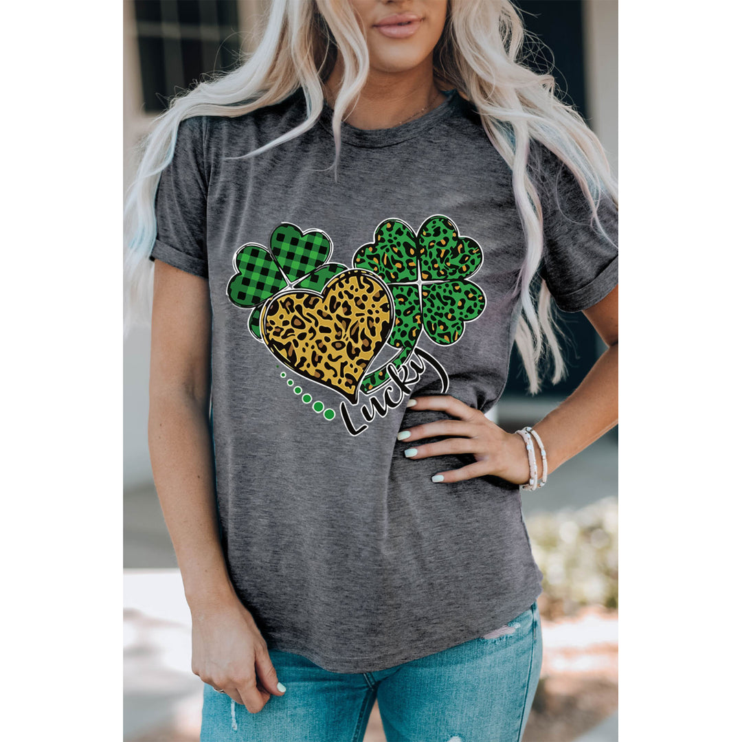 Women's Gray Leopard Plaid Heart Clover Graphic Print Short Sleeve T Shirt Image 1