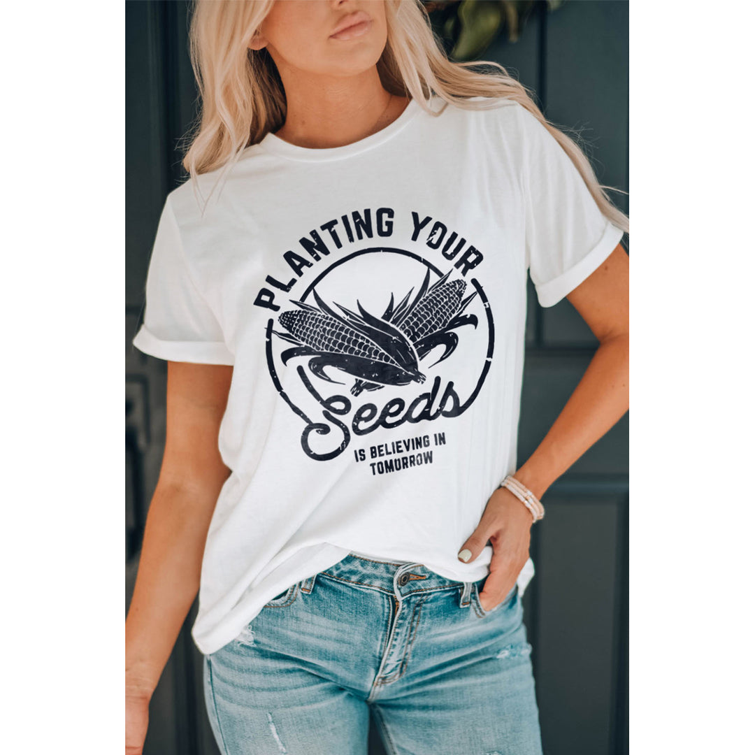 Women's White Planting Your Seeds Corn Graphic Faith T Shirt Image 1