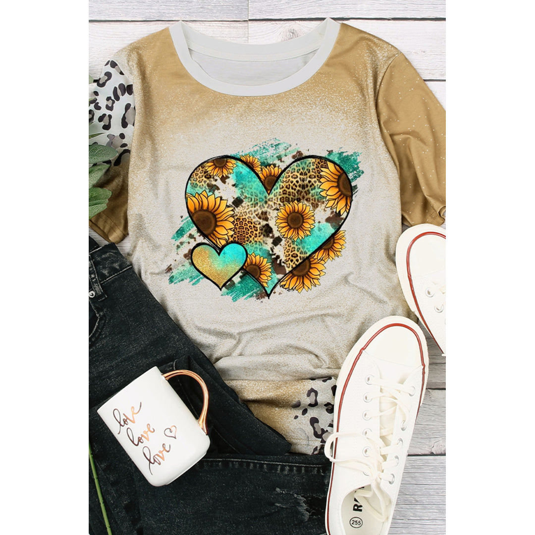 Women's Khaki Western Sunflower Leopard Heart Print Crew Neck T Shirt Image 1