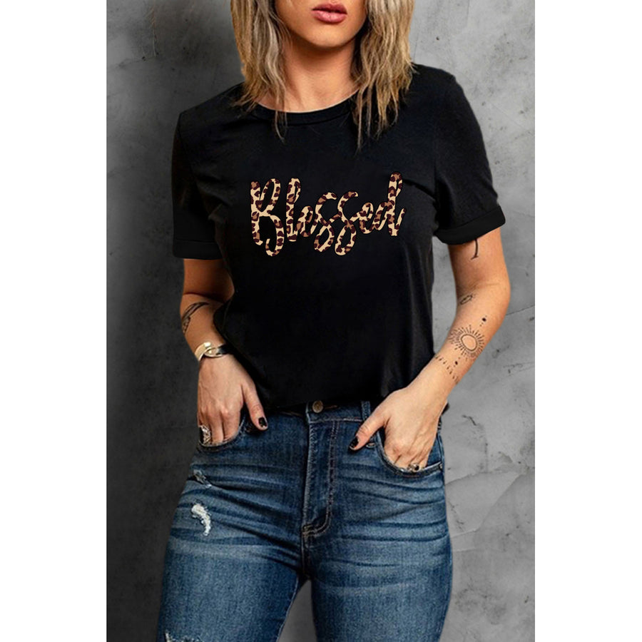 Womens Black Blessed Leopard Print Short Sleeve T Shirt Image 1