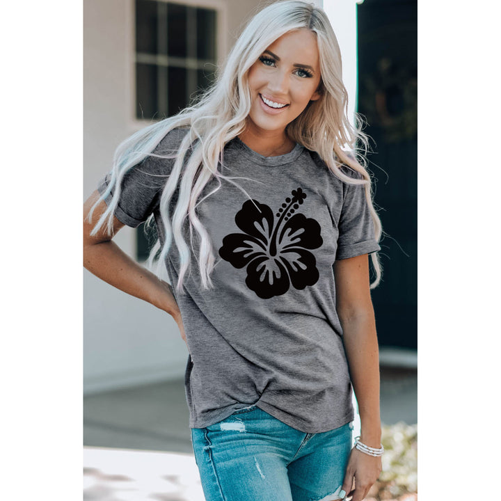 Womens Gray Flower Pattern Print O-neck Short Sleeve T Shirt Image 1
