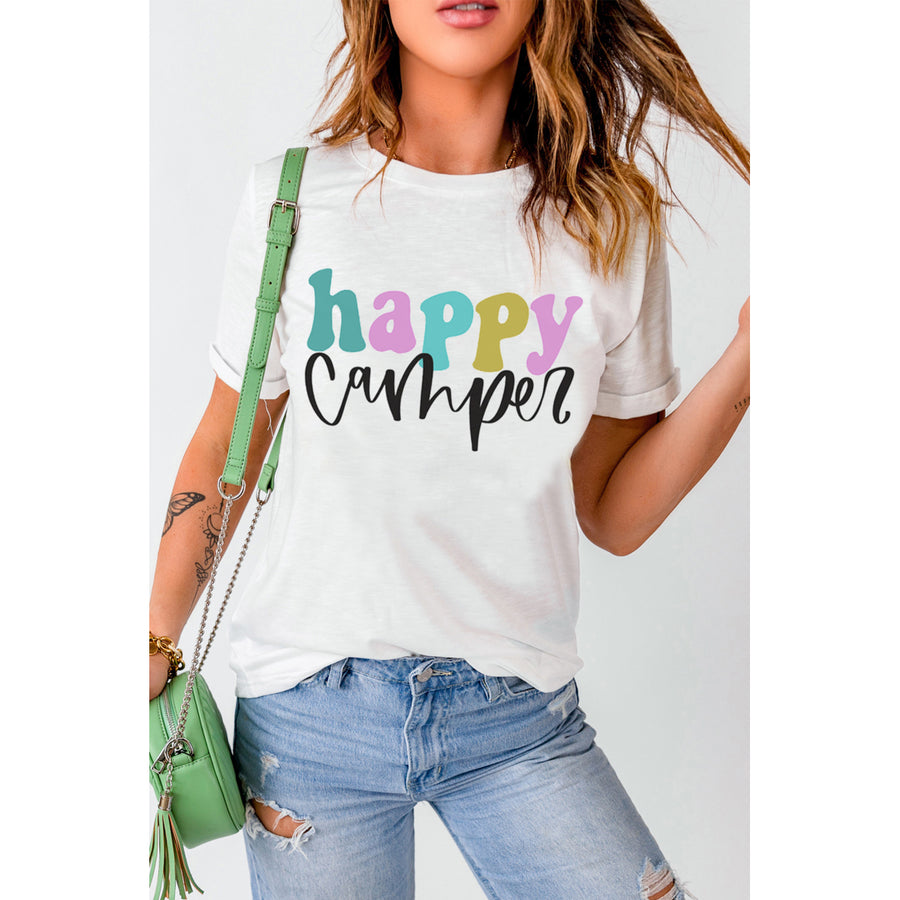 Women's White Happy Camper Letter Printed Slim Fit Crewneck T Shirt Image 1