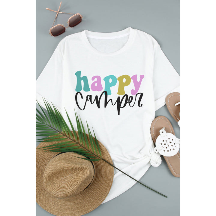 Women's White Happy Camper Letter Printed Slim Fit Crewneck T Shirt Image 2