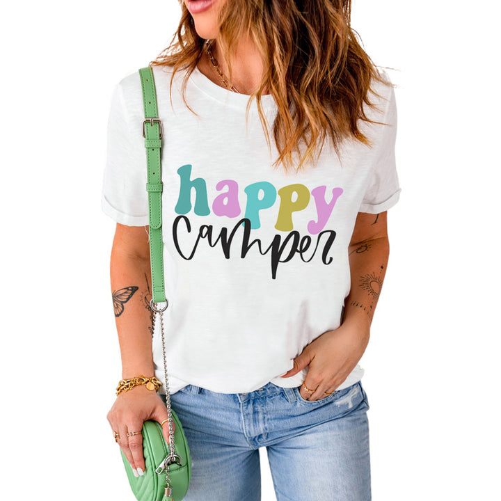 Women's White Happy Camper Letter Printed Slim Fit Crewneck T Shirt Image 3